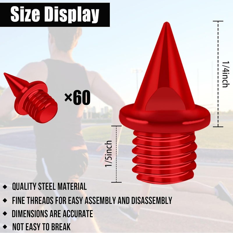 JULMELON 1/4 Inch Carbon Steel Track Spikes, 60PCS Lighter Weight Carbon Spikes with Spike Wrench for Track Shoes Field Sprinting Cross Country Short Running Replacement Spikes - Image 2